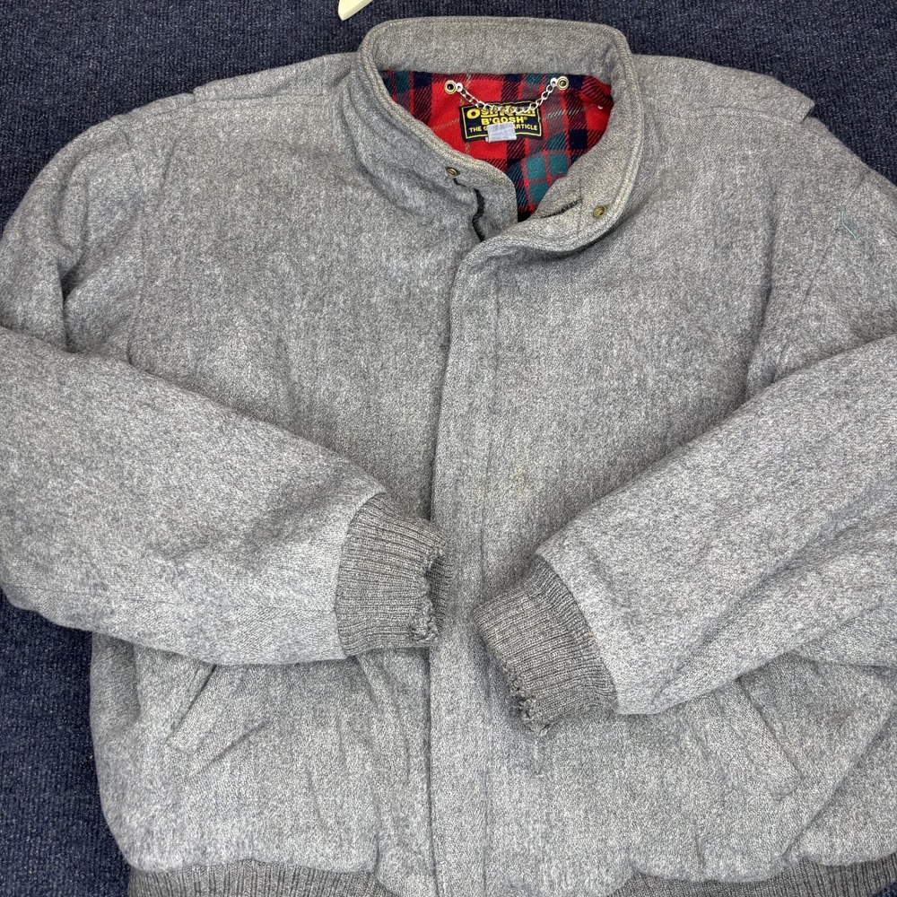Vintage OshKosh BGosh Jacket Mens XL Gray‎ Wool Bomber Plaid Lined Coat 80s
